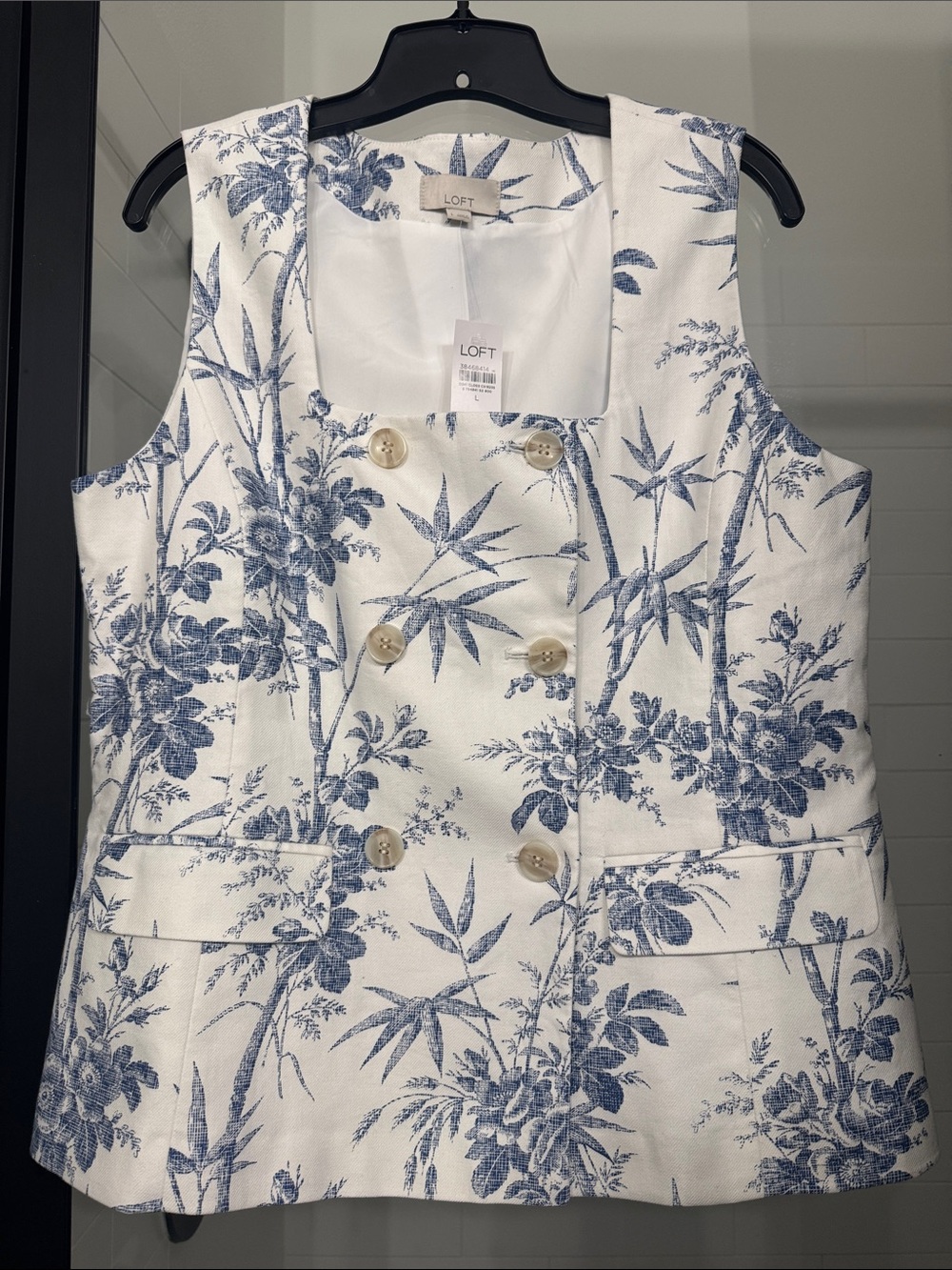 NWT LOFT White Vest Dress with Blue Floral Toile Print